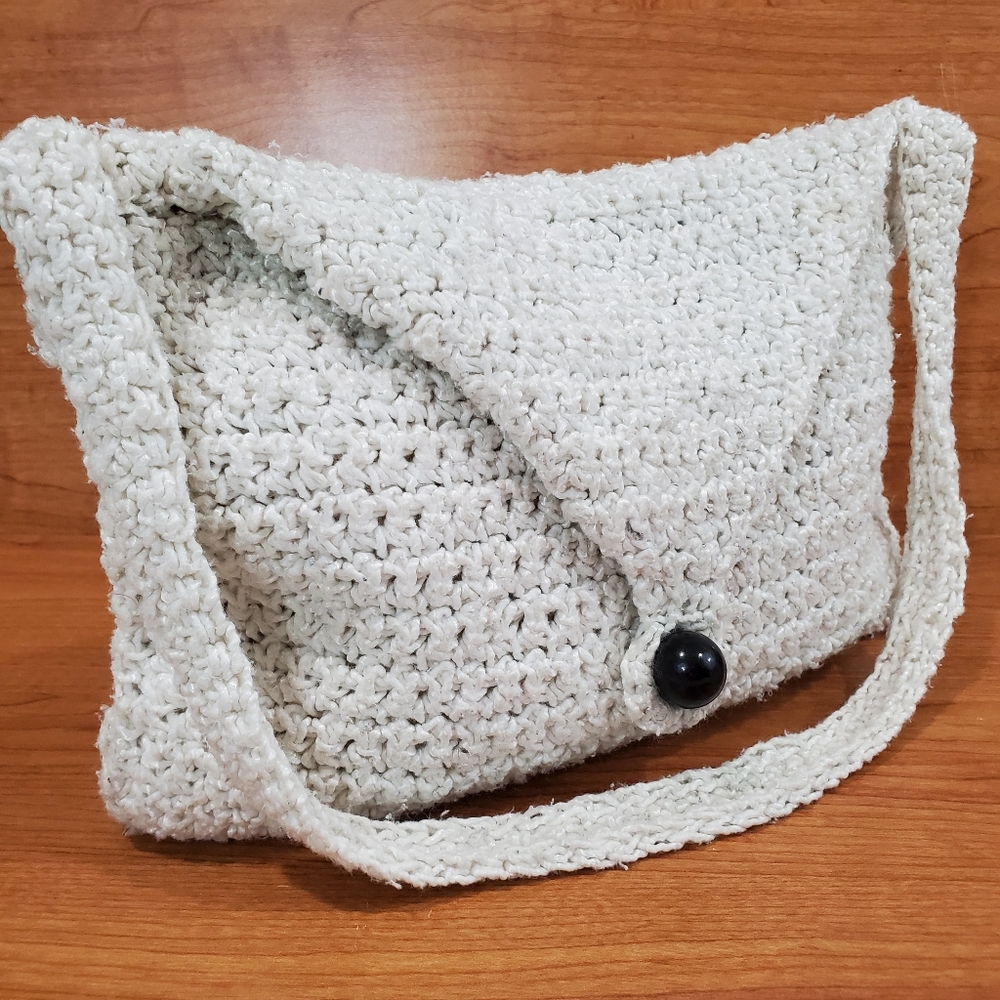 White Crochet Shoulder Bag Fold Over Flap Button